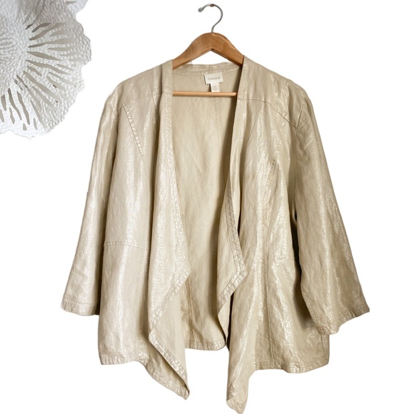 CHICO’S 100% LINEN Metallic Gold Drape Open Cardigan Jacket Blazer Formal Casual - Picture 1 of 11